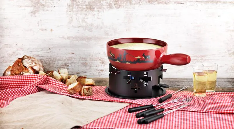 Käsefondue Set Alphornbläser 22 cm inkl Rechaud, Pastenbrenner & 6 Gabeln