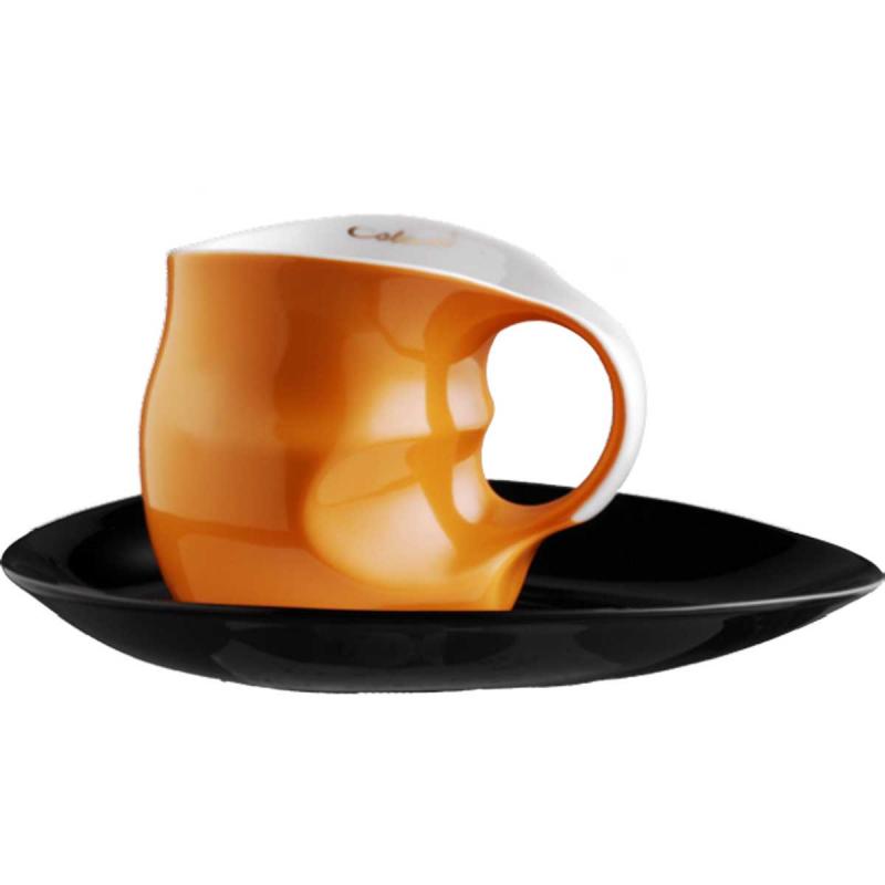 Preview: Luigi Colani Porzellan Kaffee - Cappuccino Tasse mit Untertasse color orange 2 tlg.