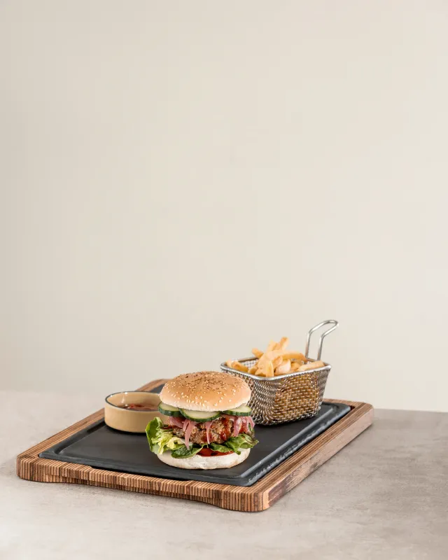 BAMBUS HOLZTABLETT 37 x 24 cm, 2 - fach unterteilt für Steakteller 20 x 20 cm 