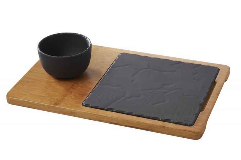 Preview: BAMBUS HOLZTABLETT 37 x 24 cm, 2 - fach unterteilt für Steakteller 20 x 20 cm 