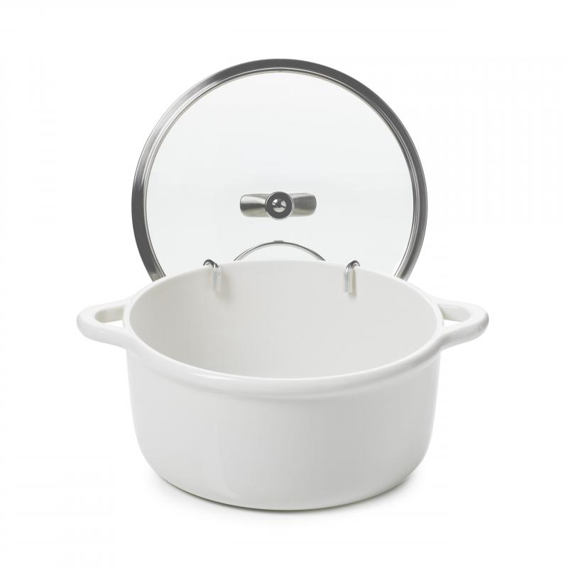 Preview: RUNDE INDUKTIONSKASSEROLLE 29 CM MIT GLASDECKEL Alabaster Weiss + Glas