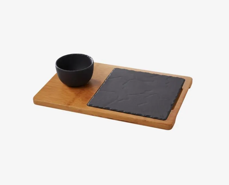 BAMBUS HOLZTABLETT 37 x 24 cm, 2 - fach unterteilt für Steakteller 20 x 20 cm 