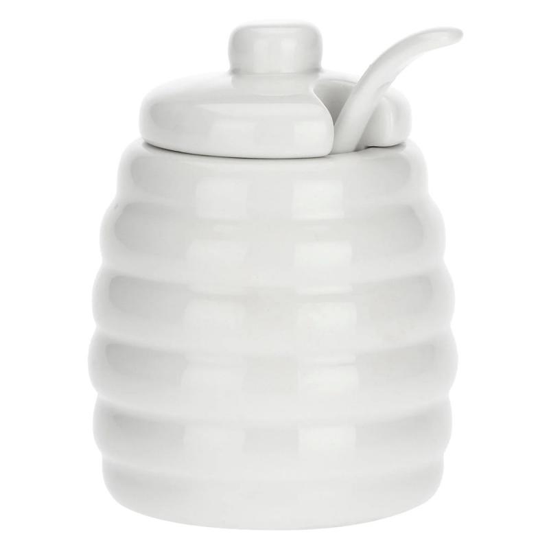 Preview: Zuckerdose mit Porzellanlöffel "Zuccheriera Con Cucchiaino" Menage La Porcellana Bianca Novo 6,5 x 10 cm