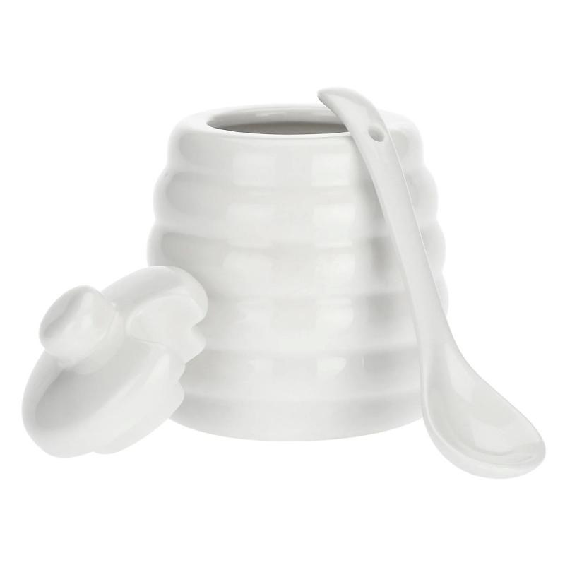 Preview: Zuckerdose mit Porzellanlöffel "Zuccheriera Con Cucchiaino" Menage La Porcellana Bianca Novo 6,5 x 10 cm