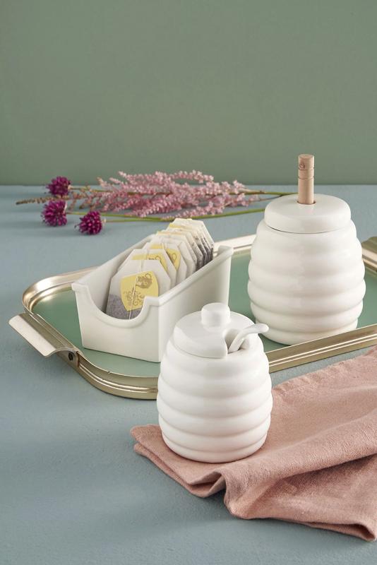 Preview: Zuckerdose mit Porzellanlöffel "Zuccheriera Con Cucchiaino" Menage La Porcellana Bianca Novo 6,5 x 10 cm