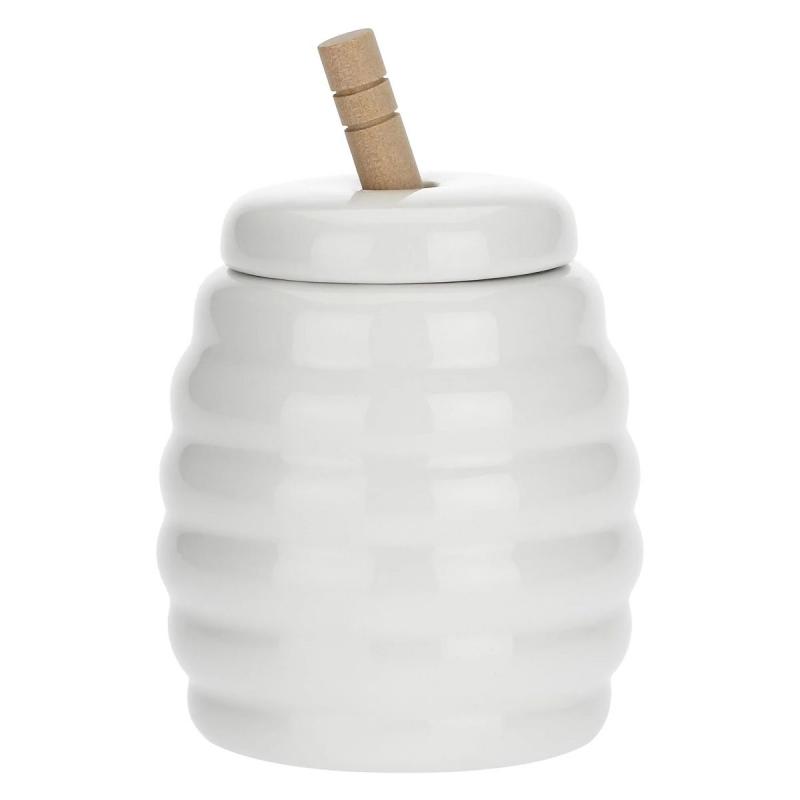 Preview: Honigtopf mit Holzlöffel "Vasetto Miele Con Servimiele" Menage La Porcellana Bianca Novo 8,5 x 11 cm