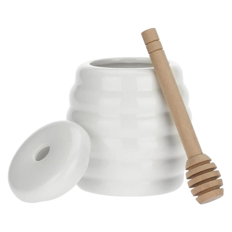 Preview: Honigtopf mit Holzlöffel "Vasetto Miele Con Servimiele" Menage La Porcellana Bianca Novo 8,5 x 11 cm