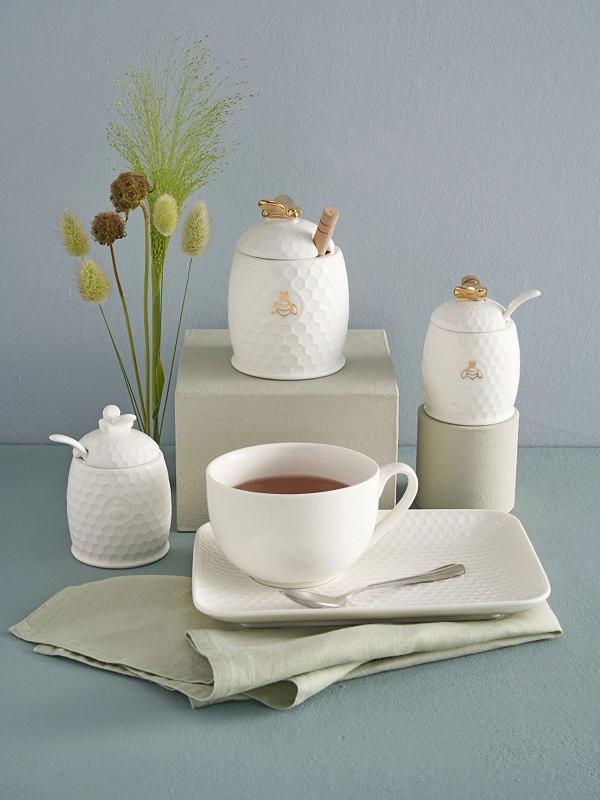 Preview: Honigtopf mit Honiglöffel Gold La Porcellana Bianca Novo 12 x 8 cm