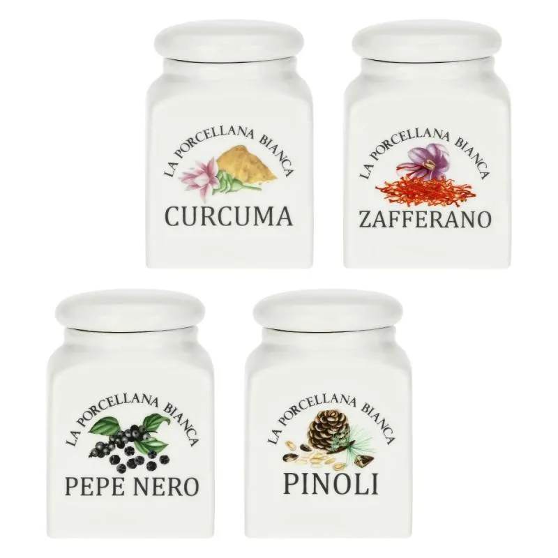 Gewürzdosen-Set 4-teilig Curcuma, Zafferano, Pepe Nero und Pinoli - La Porcellana Bianca Novo 0,175 l