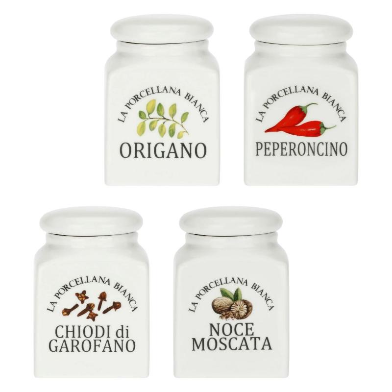 Preview: Gewürzdosen-Set 4-teilig Origano, Peperoncino, Chiodi di Garofano und Noce Moscata La Porcellana Bianca Novo 0,175 l