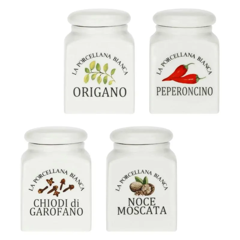 Gewürzdosen-Set 4-teilig Origano, Peperoncino, Chiodi di Garofano und Noce Moscata La Porcellana Bianca Novo 0,175 l