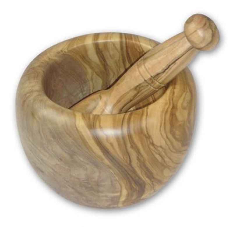 Mörser mit Stößel, ca. 14 - 15 cm rund, Olivenholz