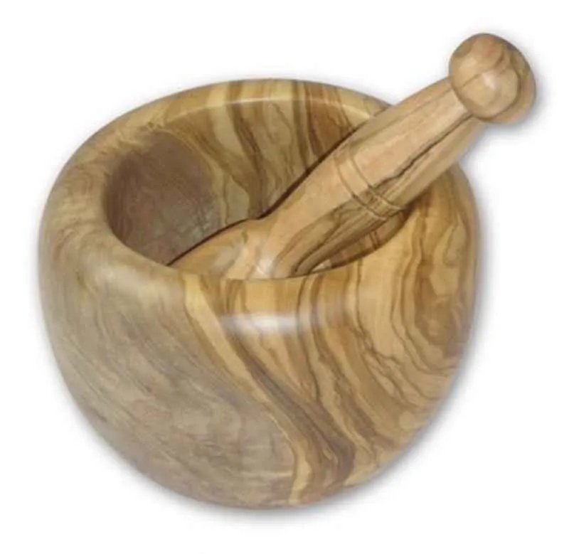 Mörser mit Stößel, ca. 14 - 15 cm rund, Olivenholz