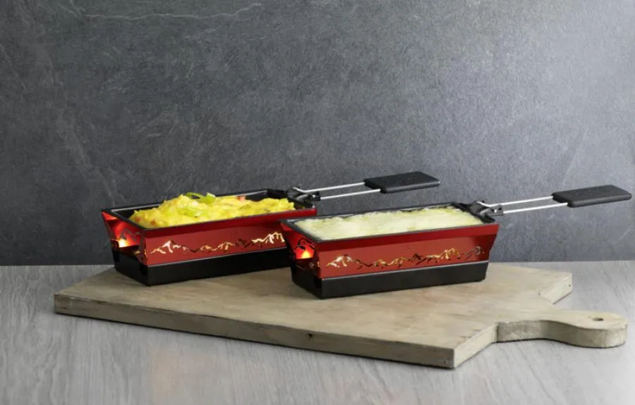 Raclette Set Mini Alpenglühen rot mit Schabern und Teelicht Raclette Set Mini Alpenglühen rot mit Schabern und Teelicht