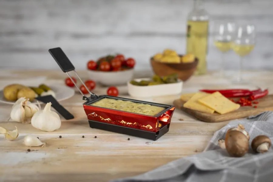 Raclette Set Mini Alpenglühen rot mit Schabern und Teelicht Raclette Set Mini Alpenglühen rot mit Schabern und Teelicht