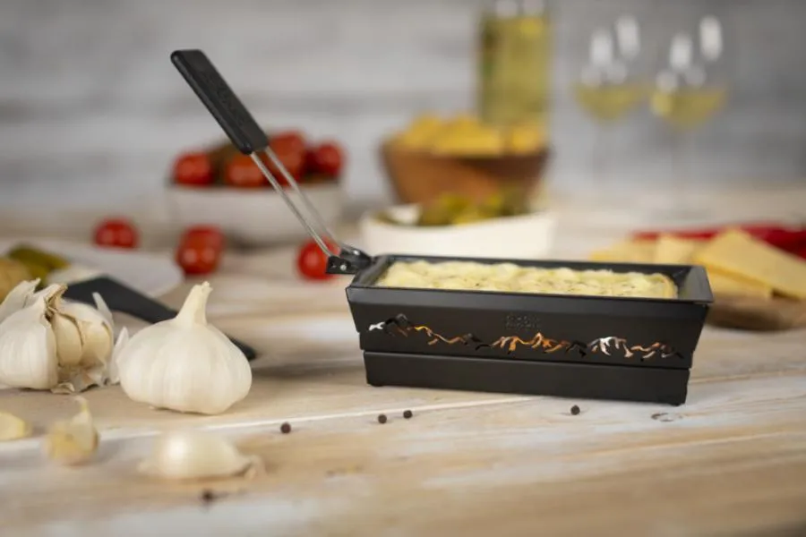 Raclette Set Mini Alpenglühen schwarz mit Schabern und Teelicht