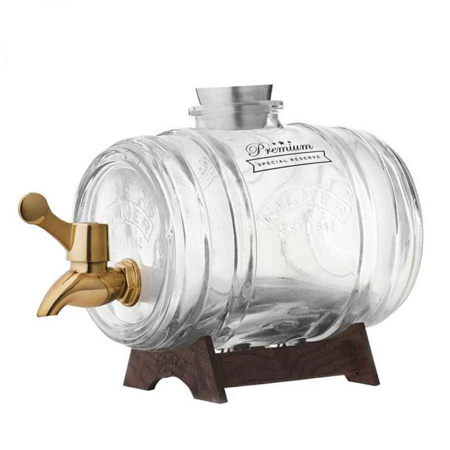 Getränkespender Fass mit Zapfhahn, Messbecher und Holzständer 1 Liter, Glas/Metall/Edelstahl, Maße: 24 x 12 x 25 cm
