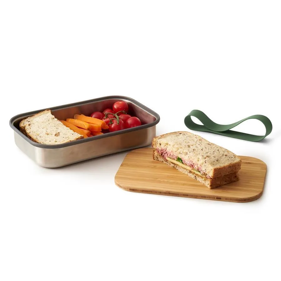Edelstahl Sandwich Box - Olive, 1000 ml, Edelstahl/Bambusholz, Maße: 22,3 x 15 x 5,2 cm