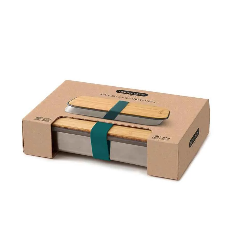 Edelstahl Sandwich Box - Ozean, 1000 ml, Edelstahl/Bambusholz, Maße: 22,3 x 15 x 5,2 cm