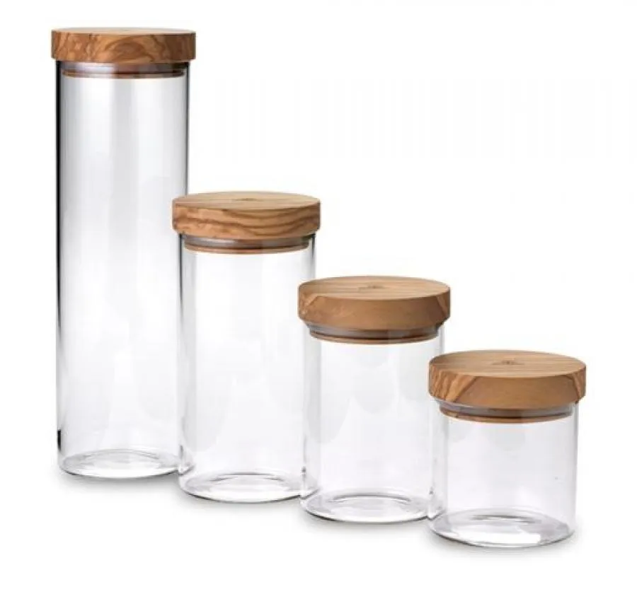 Vorratsdosen Olivenholzdeckel Behälter aus Borosilikatglas 400 ml - rund 10 cm, Höhe 11 cm Vorratsdosen Olivenholzdeckel Behälter aus Borosilikatglas 400 ml - rund 10 cm, Höhe 11 cm