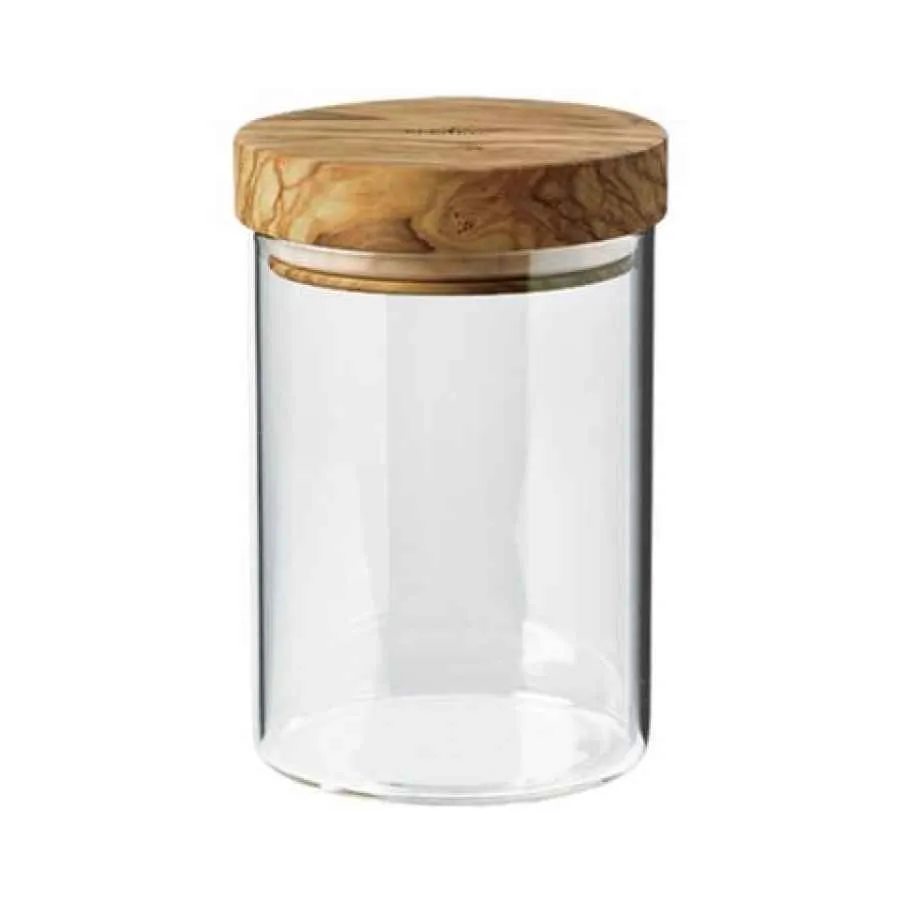 Vorratsdosen Olivenholzdeckel Behälter aus Borosilikatglas 600 ml - rund 10 cm, Höhe 15 cm Vorratsdosen Olivenholzdeckel Behälter aus Borosilikatglas 600 ml - rund 10 cm, Höhe 15 cm